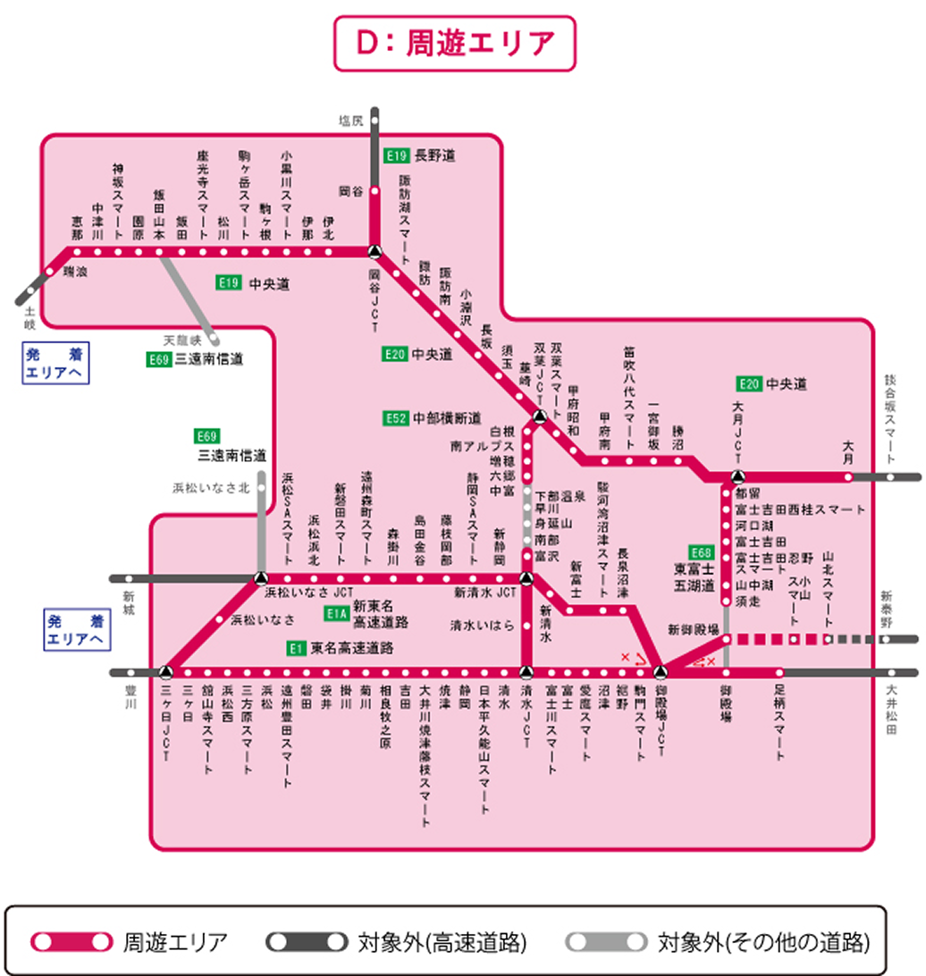 周遊エリア図：山中湖、河口湖、御殿場、甲府、諏訪湖、清里