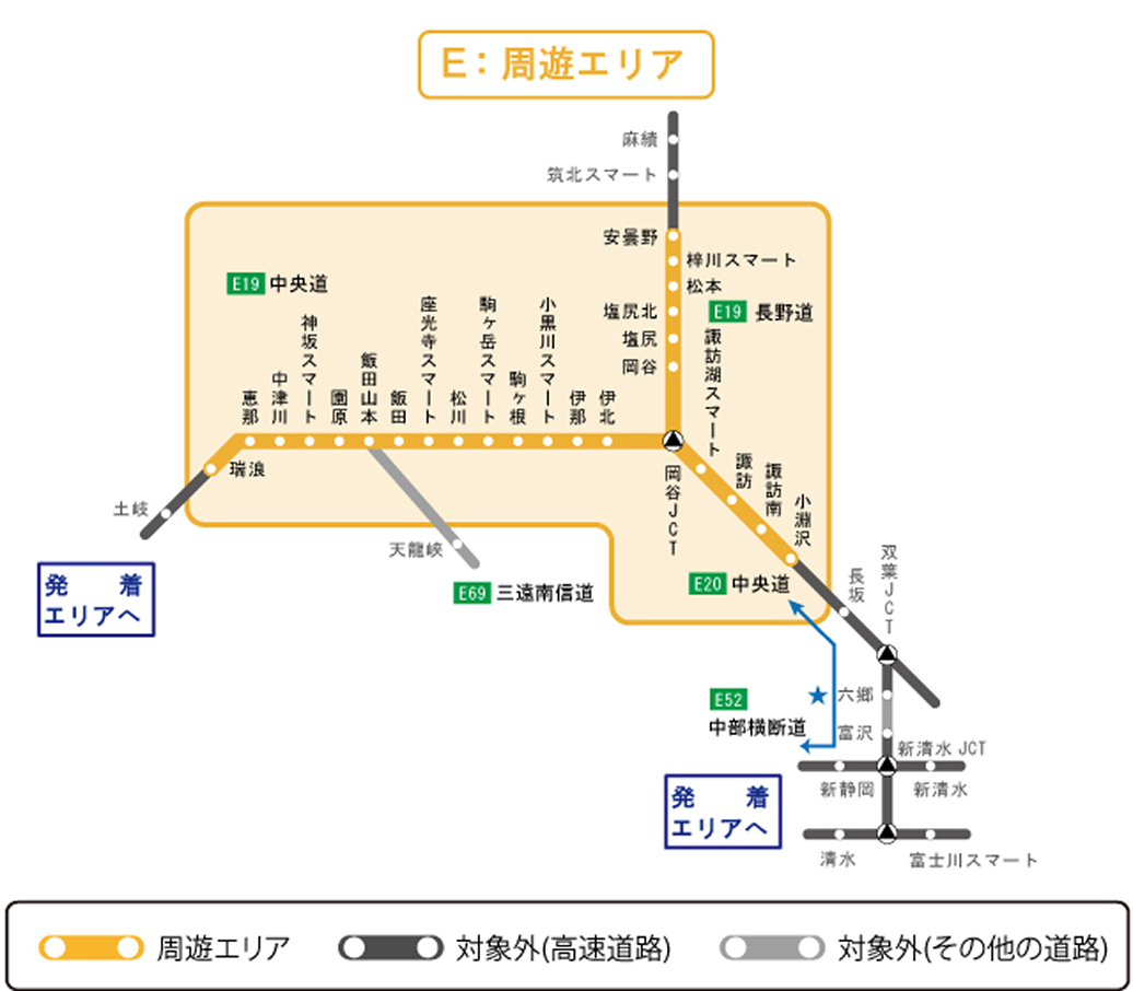 周遊エリア図：下呂温泉、駒ヶ根、松本、安曇野、諏訪湖、清里