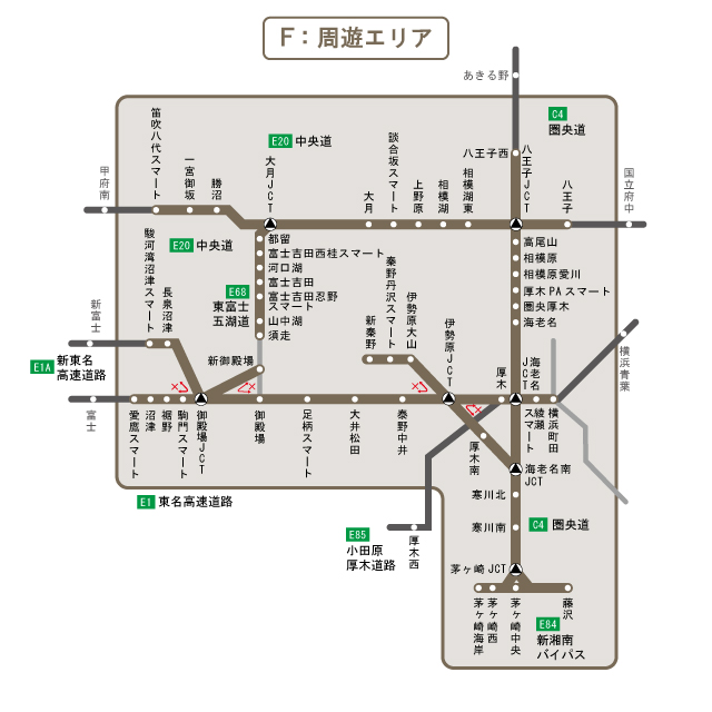 周遊エリア図：八王子、高尾山、河口湖、富士吉田、御殿場、沼津