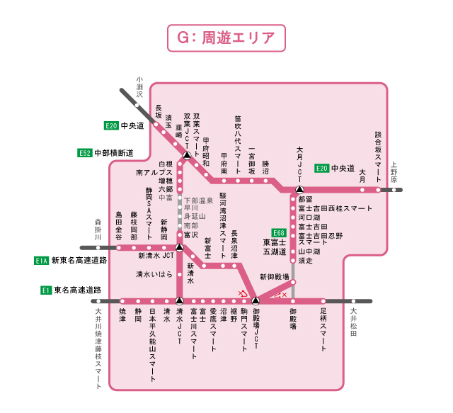 周遊エリア図：河口湖、山中湖、本栖湖、富士宮、御殿場、富士山周辺