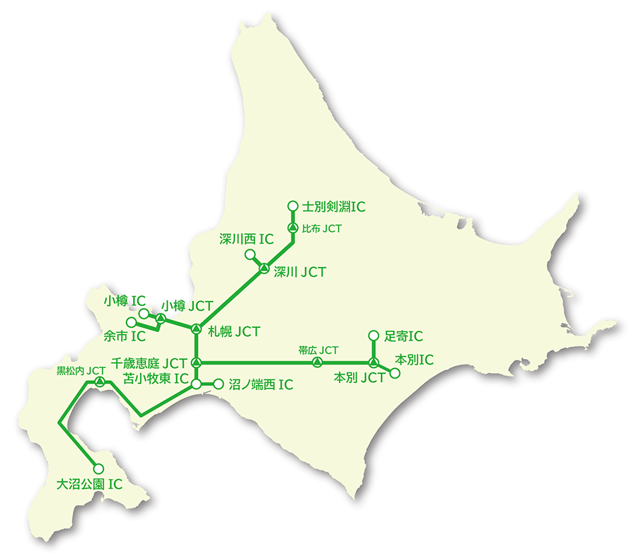 周遊エリア図：札幌、旭川、函館、帯広、小樽、富良野、十勝