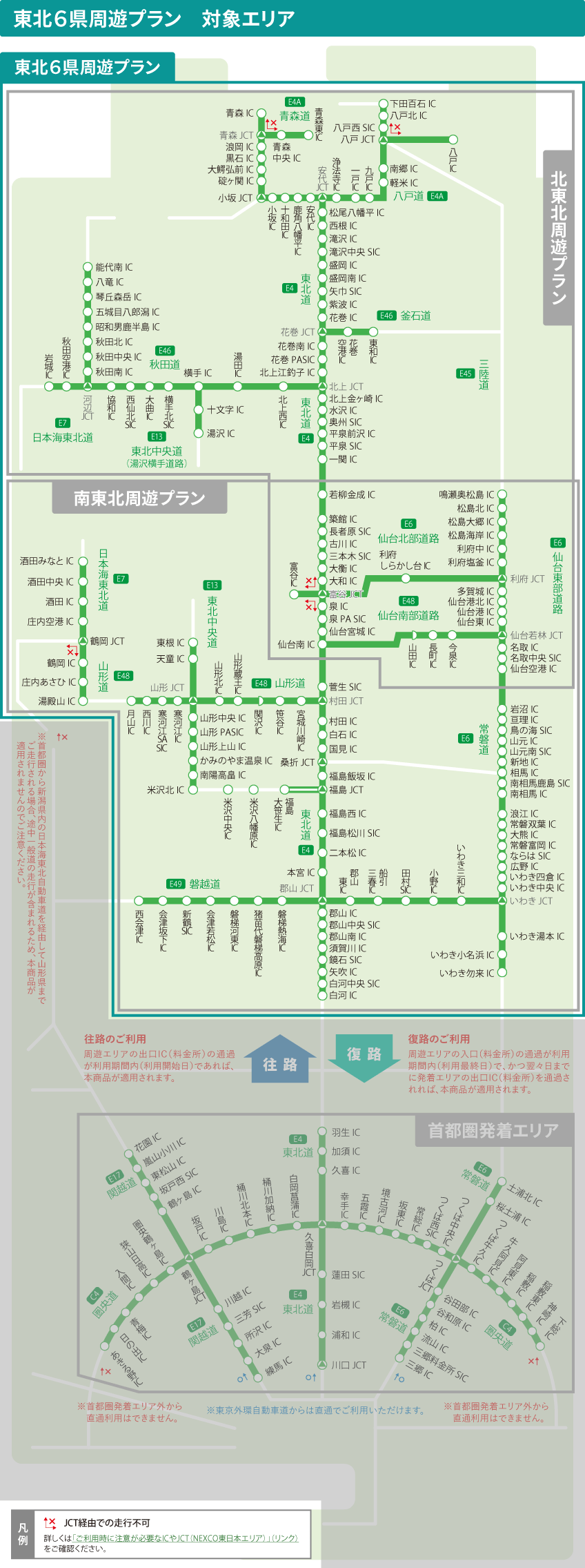 周遊エリア図：仙台、盛岡、秋田、山形、青森、福島、会津