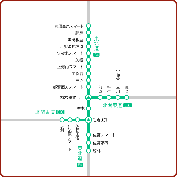 周遊エリア図：日光、那須、宇都宮、鹿沼、佐野